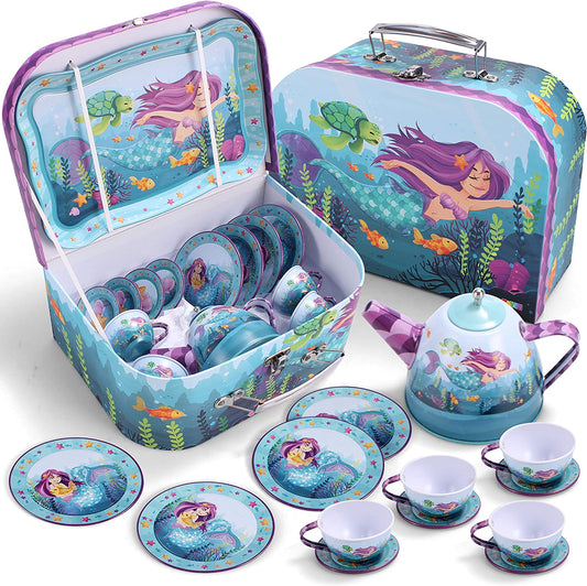 15 Piece Mermaid Under The Sea Tin Teapot Set for Girls